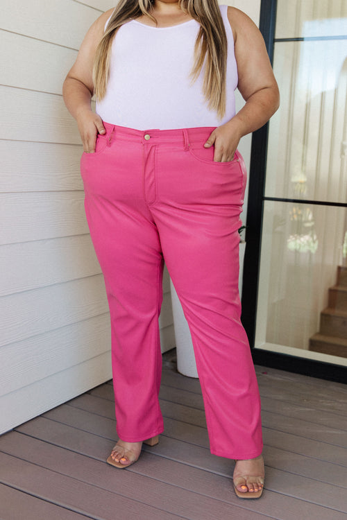 *Online Exclusive* Judy Blue Tanya Control Top Faux Leather Pants (Hot Pink)