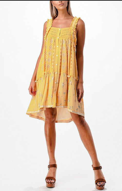 Miss Me Embroidered Smocked Dress (Mustard)