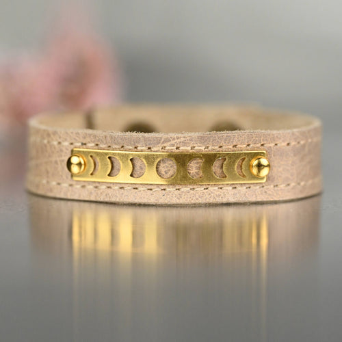 Brass Moon Phase Stacker Cuff (Taupe Leather)