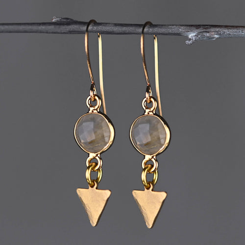 Brass Hammered Triangle Earrings with Crystal Gemstone