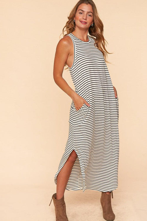 *Online Exclusive* Stripe sleeveless maxi dress w/ pockets