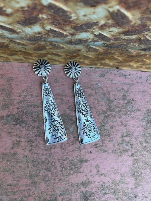 Western Aztec Triangle Drop Earrings (Burnish Silver)