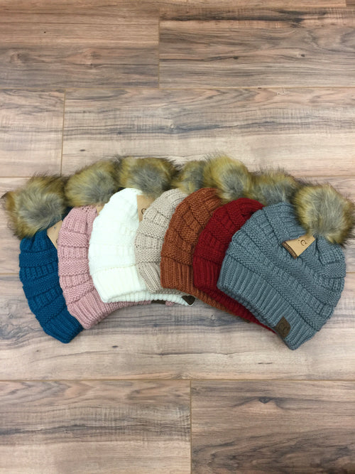 Natural Fur Pom CC Beanie (Multiple Colors)
